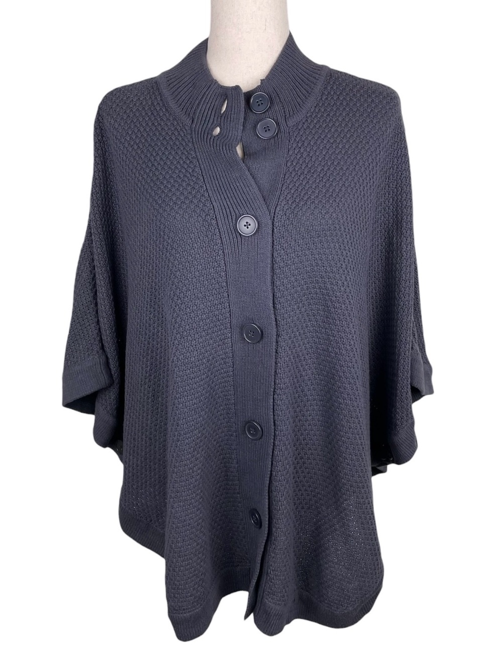 Denim & Co Women's Stand Collar Button Front Poncho Sweater Size Large Grey Knit